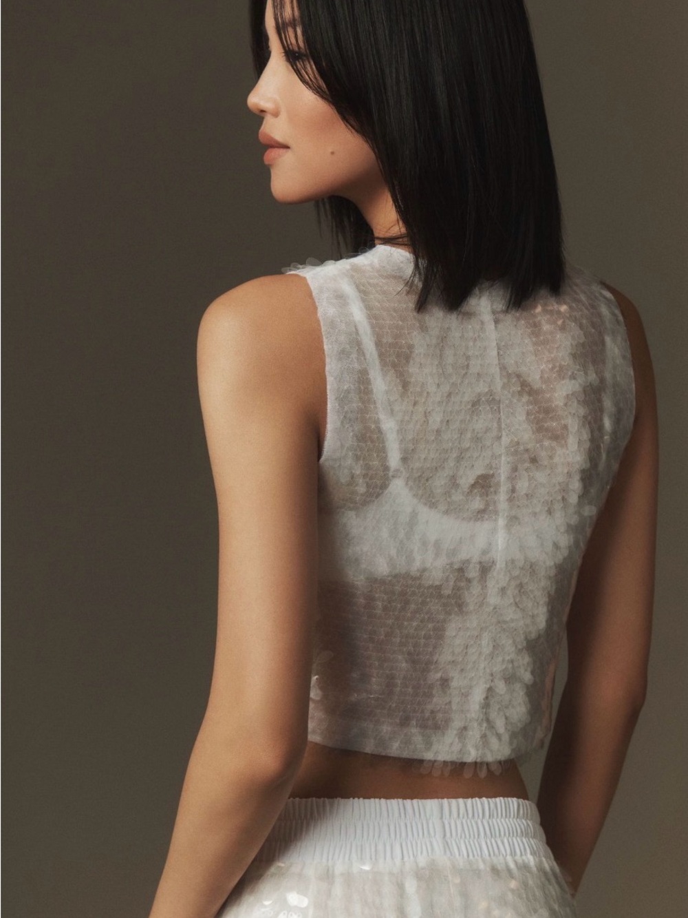 Norma Kamali Sleeveless Sequin Cropped Top White - Picture 2 of 7